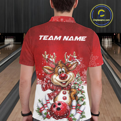 Custom Cute Funny Reindeer Christmas Bowling Men Polo Shirts, Xmas Team Bowling Outfit IPHW10115