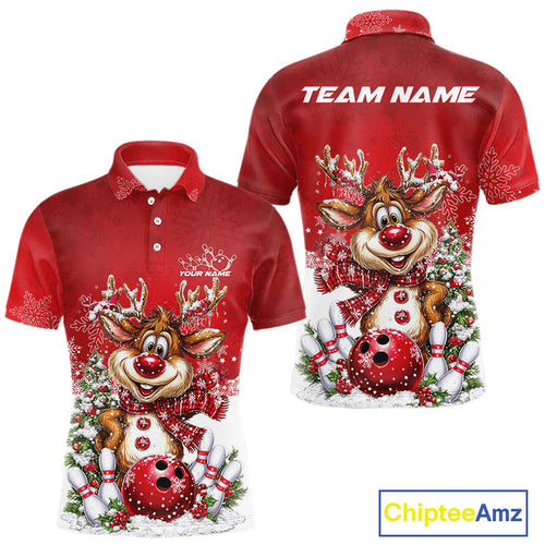 Custom Cute Funny Reindeer Christmas Bowling Men Polo Shirts, Xmas Team Bowling Outfit IPHW10115