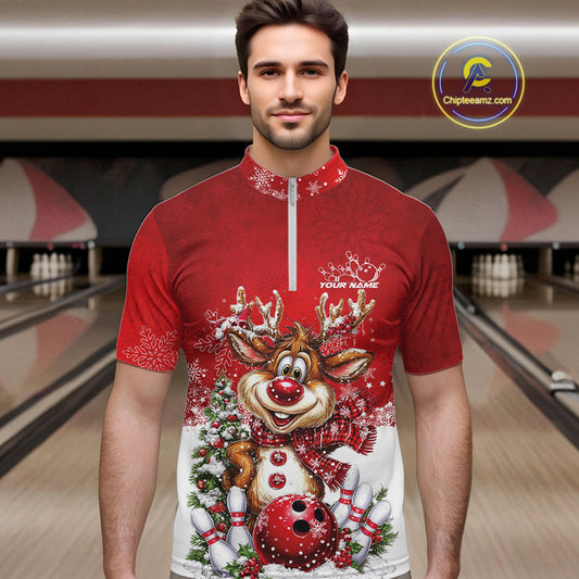 Custom Cute Funny Reindeer Christmas Bowling Men Quarter-Zip Shirts, Xmas Team Bowling Outfit IPHW10115