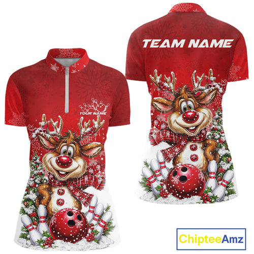Custom Cute Funny Reindeer Christmas Bowling Women Quarter-Zip Shirt, Xmas Bowling IPHW10115