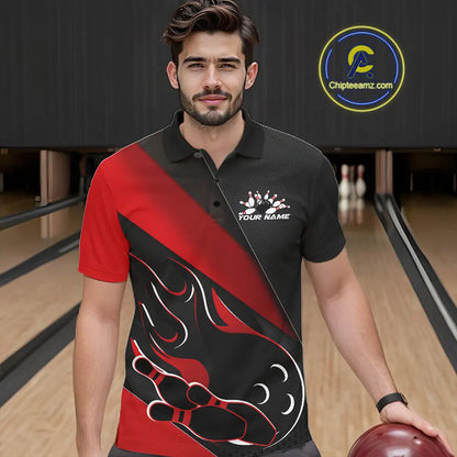 Custom Black And Red Flame Bowling Men Polo Shirt, Team Bowling League Shirt IPHW10254