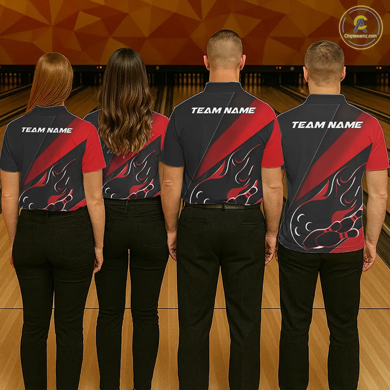 Custom Black And Red Flame Bowling Men Polo Shirt, Team Bowling League Shirt IPHW10254