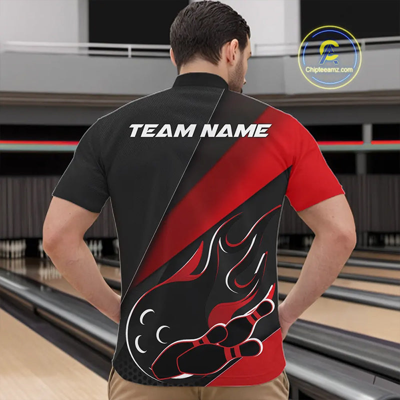 Custom Black And Red Flame Bowling Men Quarter-Zip Shirt, Team Bowling League Shirt IPHW10254
