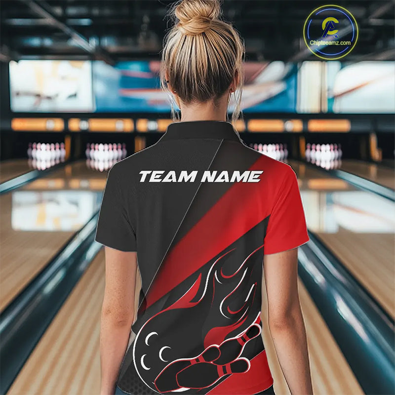 Custom Black And Red Flame Bowling Women Quarter-Zip Shirt, Team Bowling League Shirt IPHW10254