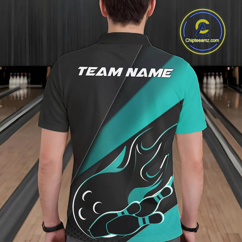 Custom Black And Turquoise Blue Flame Bowling Men Polo Shirt, Team Bowling League Shirt IPHW10255