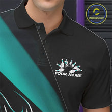 Load image into Gallery viewer, Custom Black And Turquoise Blue Flame Bowling Men Polo Shirt, Team Bowling League Shirt IPHW10255