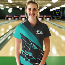 Load image into Gallery viewer, Custom Black And Turquoise Blue Flame Bowling Women Polo Shirt, Team Bowling League Shirt IPHW10255