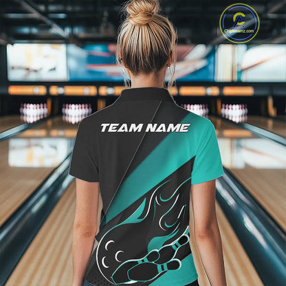 Custom Black And Turquoise Blue Flame Bowling Women Polo Shirt, Team Bowling League Shirt IPHW10255