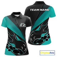 Load image into Gallery viewer, Custom Black And Turquoise Blue Flame Bowling Women Polo Shirt, Team Bowling League Shirt IPHW10255