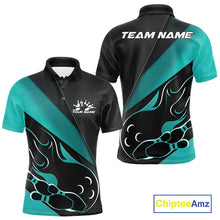 Load image into Gallery viewer, Custom Black And Turquoise Blue Flame Bowling Men Polo Shirt, Team Bowling League Shirt IPHW10255