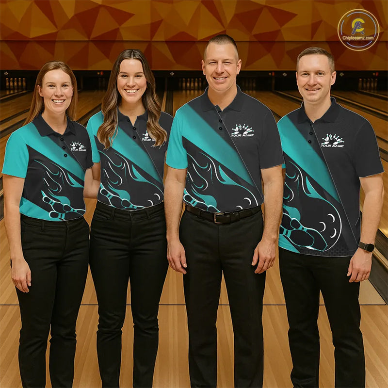 Custom Black And Turquoise Blue Flame Bowling Men Polo Shirt, Team Bowling League Shirt IPHW10255