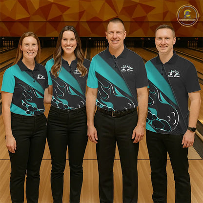 Custom Black And Turquoise Blue Flame Bowling Men Polo Shirt, Team Bowling League Shirt IPHW10255