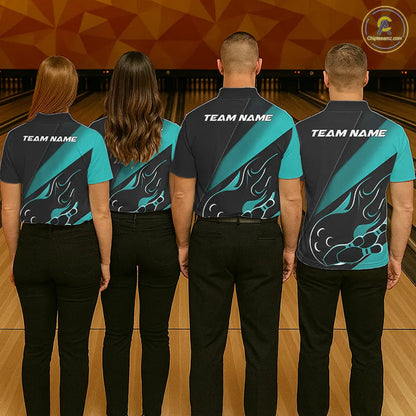 Custom Black And Turquoise Blue Flame Bowling Men Polo Shirt, Team Bowling League Shirt IPHW10255