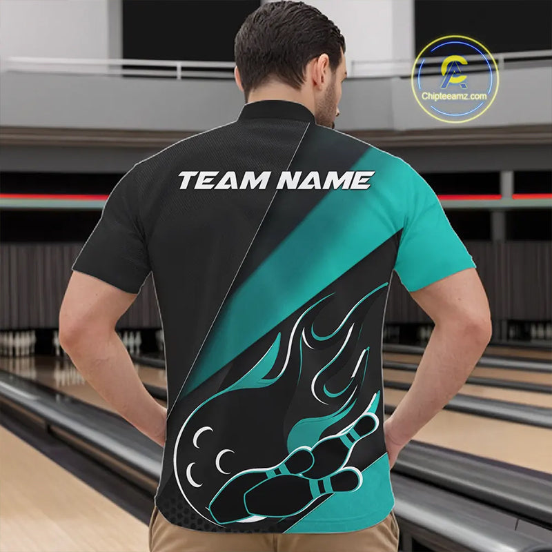 Custom Black And Turquoise Blue Flame Bowling Men Quarter-Zip Shirt, Team Bowling League Shirt IPHW10255