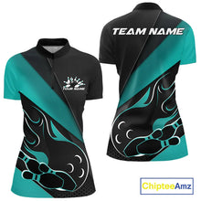 Load image into Gallery viewer, Custom Black And Turquoise Blue Flame Bowling Women Shirt, Team Bowling League Shirt IPHW10255