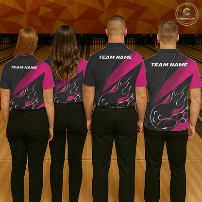 Custom Black And Pink Flame Bowling Men Polo Shirt, Team Bowling League Shirt IPHW10256