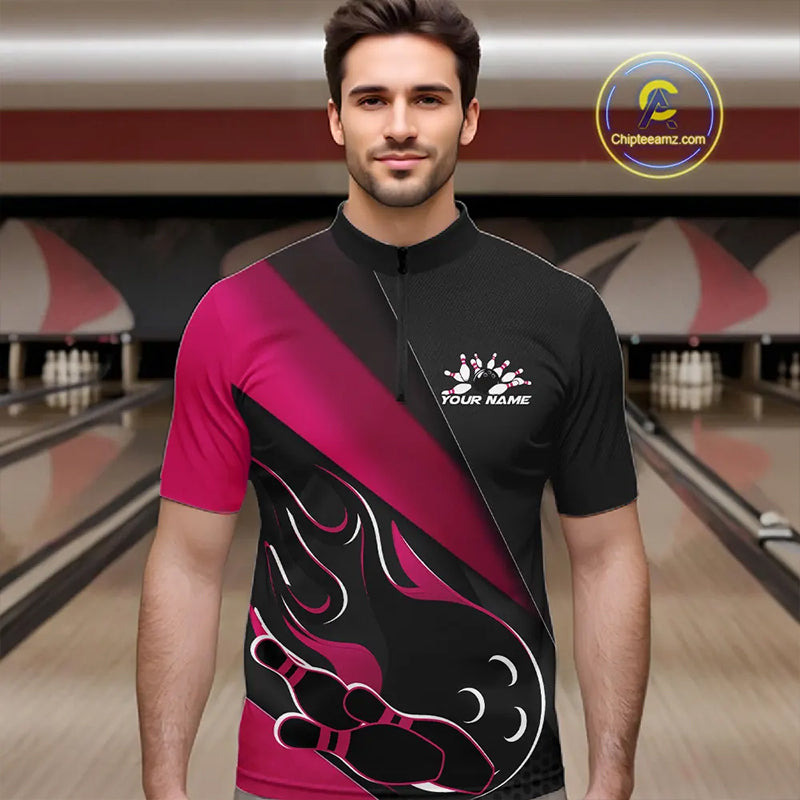 Custom Black And Pink Flame Bowling Men Quarter-Zip Shirt, Team Bowling League Shirt IPHW10256