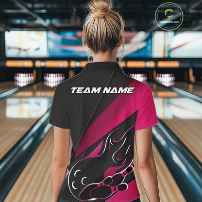Custom Black And Pink Flame Bowling Women Quarter-Zip Shirt, Team Bowling League Shirt IPHW10256