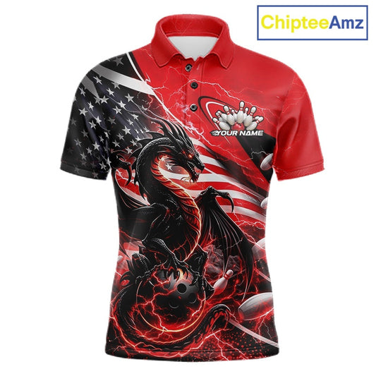 Custom Red Thunder Lightning Patriotic Dragon Bowling Shirts, Freedom US Flag Bowling Jerseys Bowlers Outfit IPHW10480