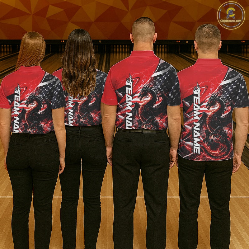 Custom Red Thunder Lightning Patriotic Dragon Bowling Shirts, Freedom US Flag Bowling Jerseys Bowlers Outfit IPHW10480