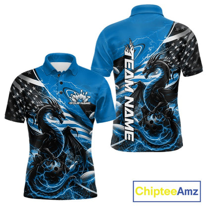 Custom Blue Thunder Lightning Patriotic Dragon Bowling Shirts, Freedom US Flag Bowling Jerseys Bowlers Outfit IPHW10481