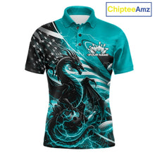 Load image into Gallery viewer, Custom Turquoise Blue Thunder Lightning Patriotic Dragon Bowling Shirts, Freedom US Flag Bowling Jerseys IPHW10482