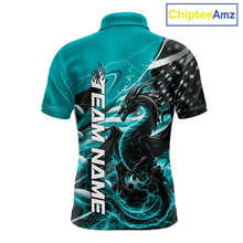 Load image into Gallery viewer, Custom Turquoise Blue Thunder Lightning Patriotic Dragon Bowling Shirts, Freedom US Flag Bowling Jerseys IPHW10482