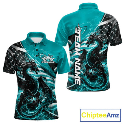 Custom Turquoise Blue Thunder Lightning Patriotic Dragon Bowling Shirts, Freedom US Flag Bowling Jerseys IPHW10482
