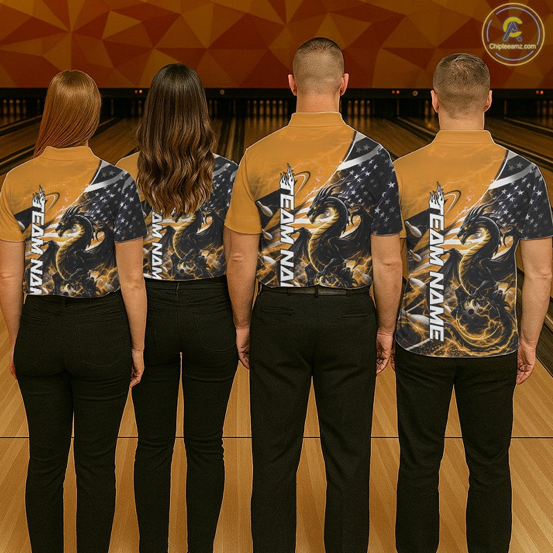 Custom Yellow Thunder Lightning Patriotic Dragon Bowling Shirts, Freedom US Flag Bowling Jerseys Bowlers Outfit IPHW10483