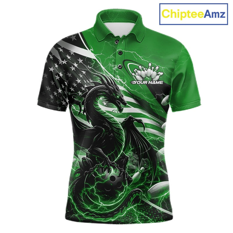 Custom Green Thunder Lightning Patriotic Dragon Bowling Shirts, Freedom US Flag Bowling Jerseys Bowlers Outfit IPHW10484