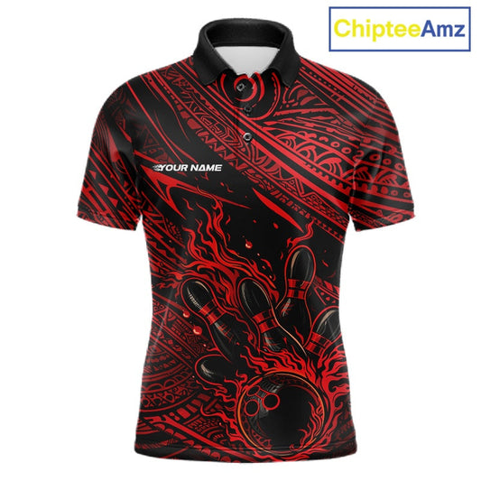Custom Black And Red Tribal Flame Bowling Ball Bowling Team Shirts, Polynesian Bowling Tournament Shirt IPHW10486