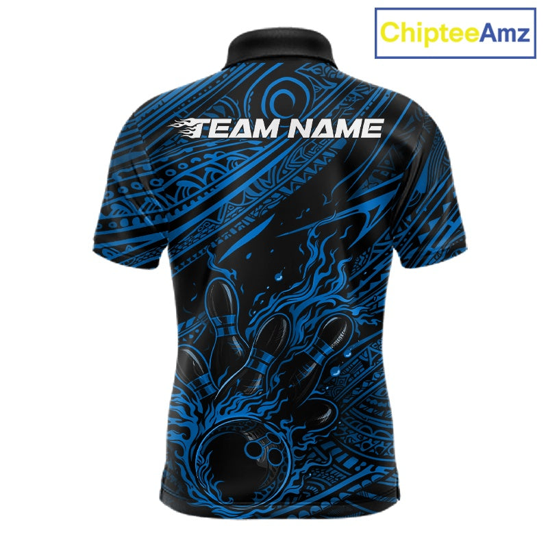 Custom Black And Blue Tribal Flame Bowling Ball Bowling Team Shirts, Polynesian Bowling Tournament Shirt IPHW10487