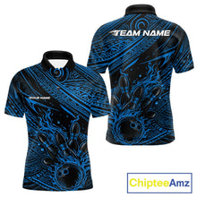 Load image into Gallery viewer, Custom Black And Blue Tribal Flame Bowling Ball Bowling Team Shirts, Polynesian Bowling Tournament Shirt IPHW10487