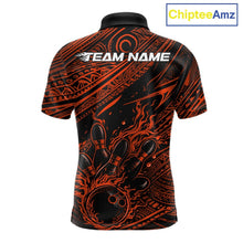 Load image into Gallery viewer, Custom Black And Orange Tribal Flame Bowling Ball Bowling Team Shirts, Polynesian Bowling Tournament Shirt IPHW10488