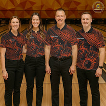 Load image into Gallery viewer, Custom Black And Orange Tribal Flame Bowling Ball Bowling Team Shirts, Polynesian Bowling Tournament Shirt IPHW10488