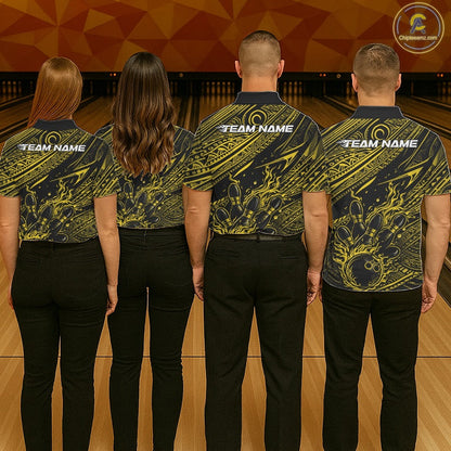 Custom Black And Yellow Tribal Flame Bowling Ball Bowling Team Shirts, Polynesian Bowling Tournament Shirt IPHW10489