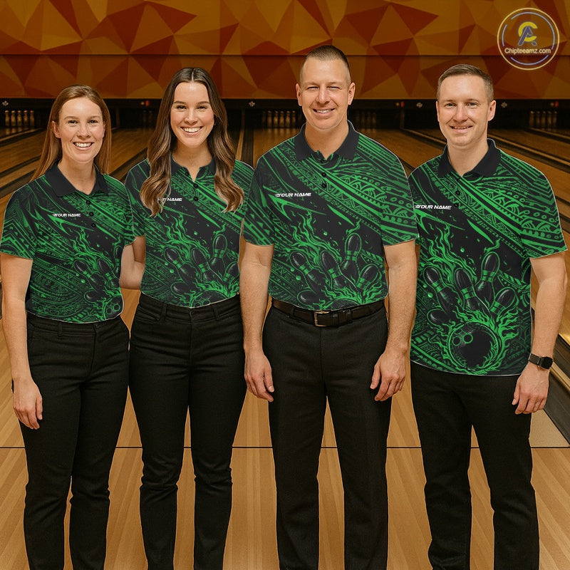 Custom Black And Green Tribal Flame Bowling Ball Bowling Team Shirts, Polynesian Bowling Tournament Shirt IPHW10490