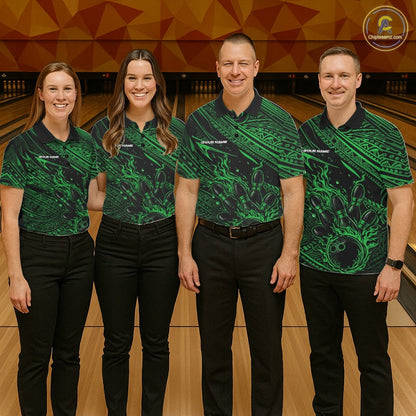 Custom Black And Green Tribal Flame Bowling Ball Bowling Team Shirts, Polynesian Bowling Tournament Shirt IPHW10490