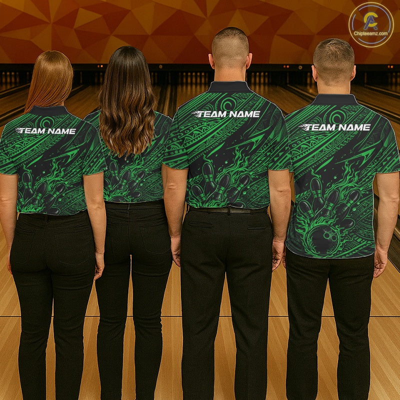 Custom Black And Green Tribal Flame Bowling Ball Bowling Team Shirts, Polynesian Bowling Tournament Shirt IPHW10490