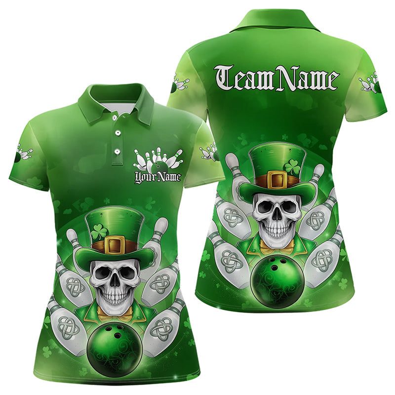 Custom Celtic St Patricks Day Bowling Polo Shirts For Women, Shamprock Skull Bowling Shirt IPHW8589