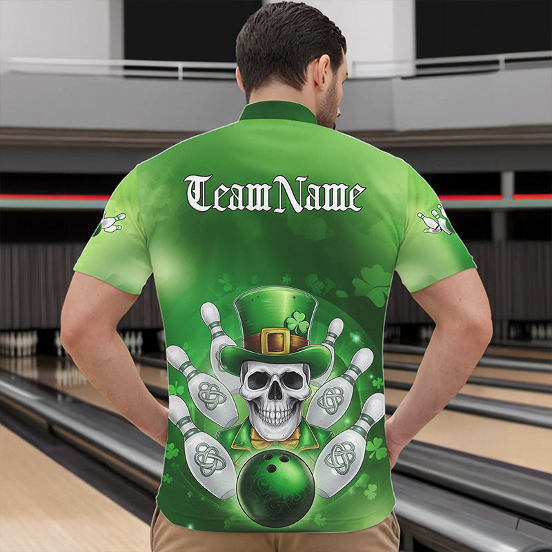Custom Celtic St Patricks Day Bowling Quarter-Zip Team Shirts For Men, Shamprock Skull Bowling Shirt IPHW8589