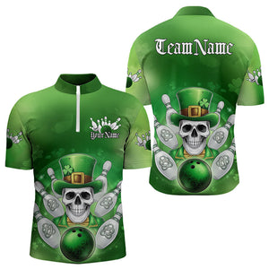 Custom Celtic St Patricks Day Bowling Quarter-Zip Team Shirts For Men, Shamprock Skull Bowling Shirt IPHW8589