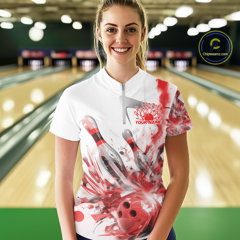 Custom Black And Red Women Bowling Team Shirts, Bowling League Shirt Bowlers Outfit IPHW10782