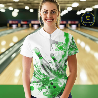 Custom Black And Green Women Bowling Team Shirts, Bowling League Shirt Bowlers Outfit IPHW10783