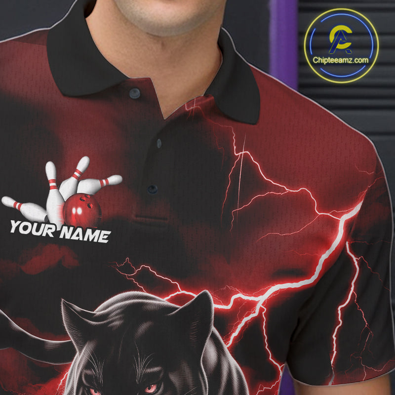 Red Thunder Lightning Custom Panther Men Bowling Polo Shirts, Panther Bowling Jerseys IPHW10790