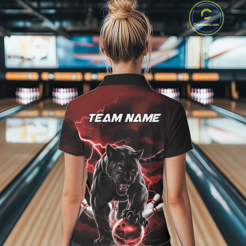 Red Thunder Lightning Custom Panther Women Bowling Polo Shirts, Panther Bowling Jerseys IPHW10790