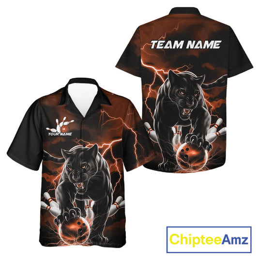 Orange Thunder Lightning Custom Panther Men And Women Bowling Hawaiian Shirts, Panther Bowling Jerseys IPHW10791
