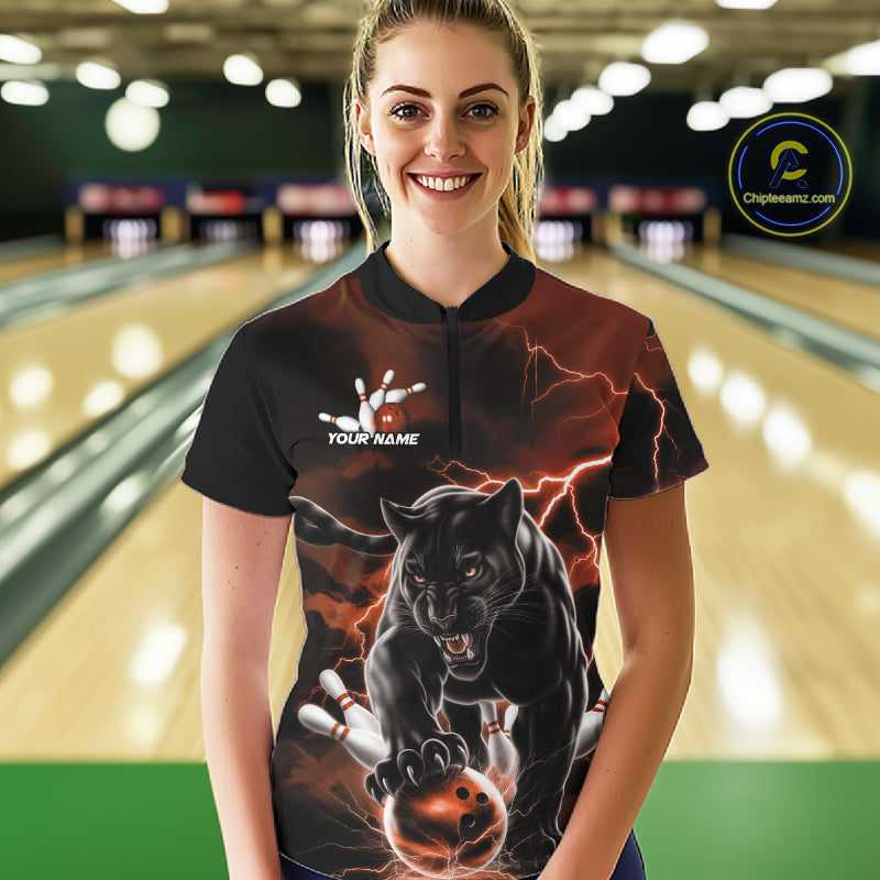 Orange Thunder Lightning Custom Panther Women Bowling Shirts, Panther Bowling Jerseys IPHW10791