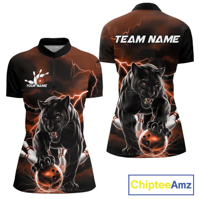 Orange Thunder Lightning Custom Panther Women Bowling Shirts, Panther Bowling Jerseys IPHW10791