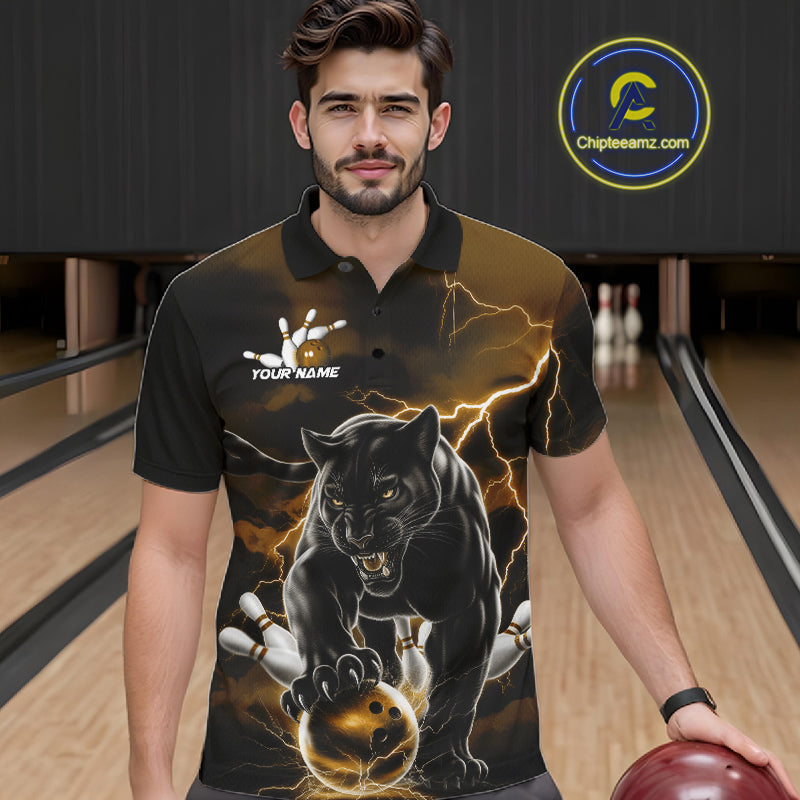 Yellow Thunder Lightning Custom Panther Men Bowling Polo Shirts, Panther Bowling Jerseys IPHW10792